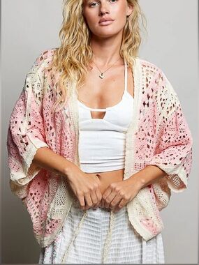 POL OS Pink Boho Crochet Cardigan
